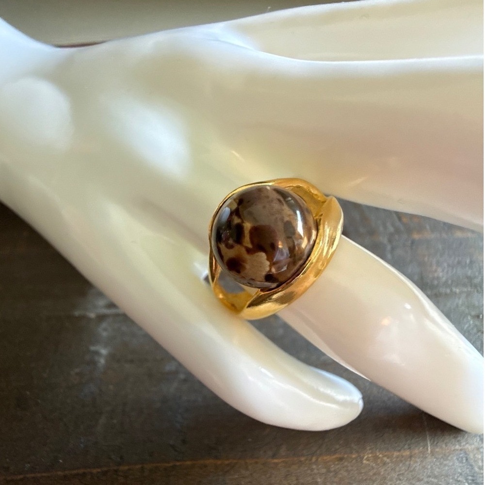 Gold Tone Faux Leopard Stone Statement Cocktail Ring Size 7